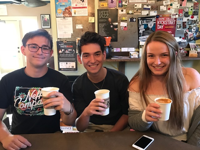 Stefan, Pavle, and Josie enjoy a nice cup of coffee at Coffee Buddha. 