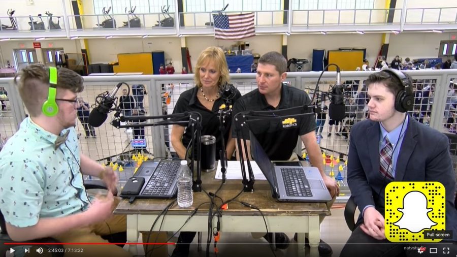 NATVs Evan Riley and Jimbo Lawry host Tech Ed teachers Ms. Green and Mr. Lauster for an interview in between rounds. 
 The commentators livestreamed the full seven-hour VEX Robotics Competition from the Baierl Center.