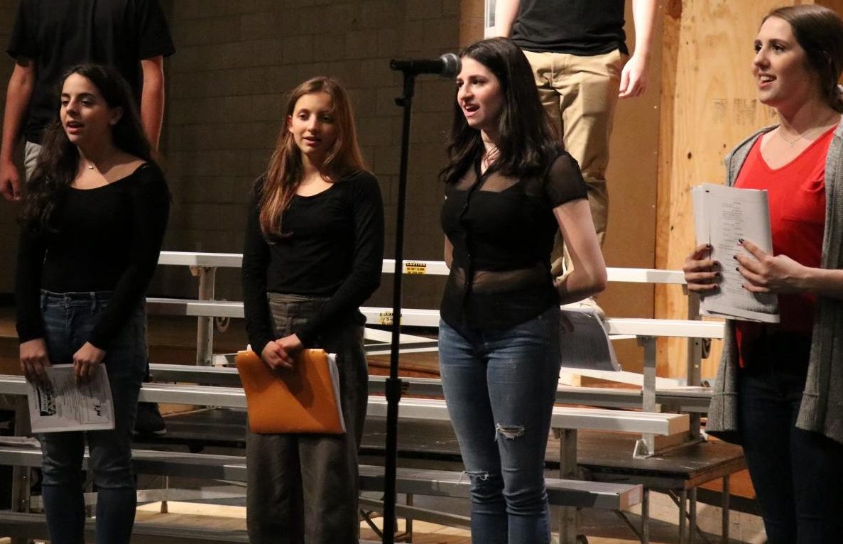 Maria Cima, Caroline Lucas, Skylar Davidson, and Bella Tumolo run through the opening number of The 25th Annual Putnam County Spelling Bee.