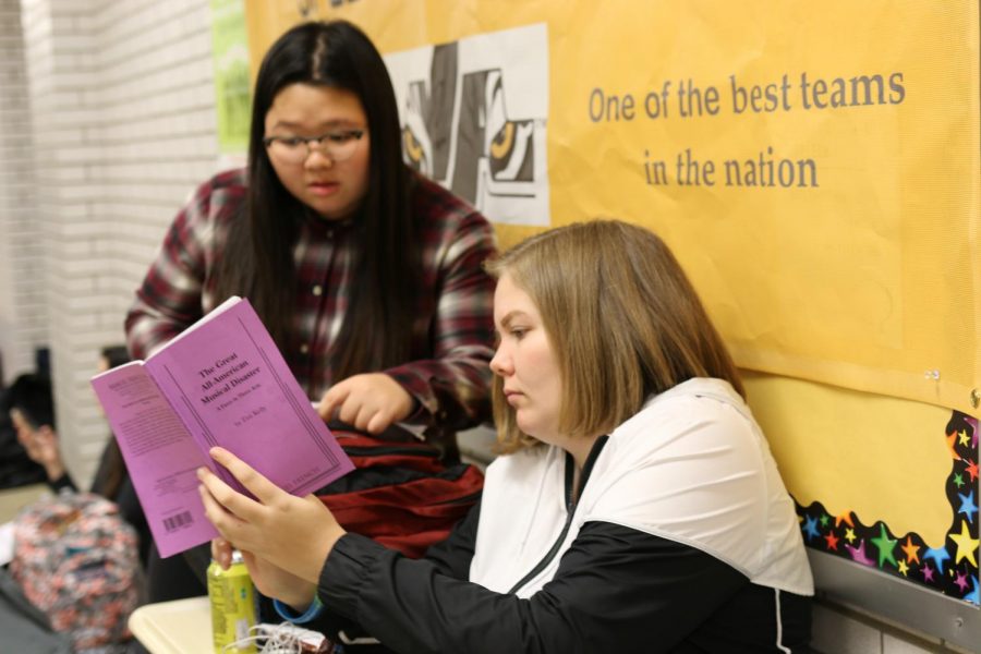 Yulie Kim and Ellie Rapp look over the script for the upcoming Drama Festival, administered by the Pa High School Speech League