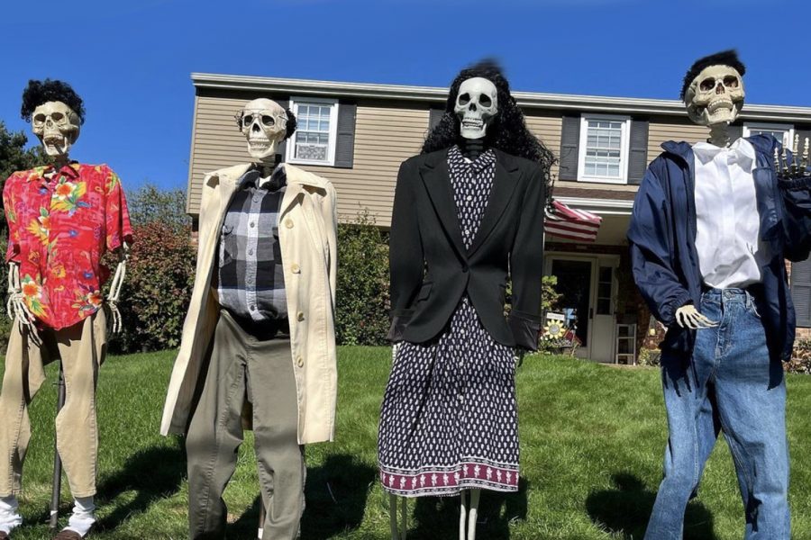 The skeletons in NA resident Kristin Millers front yard change clothes daily throughout the month of October, much to the delight of her neighbors.  Featured in this photo from earlier this month is the cast from Seinfeld