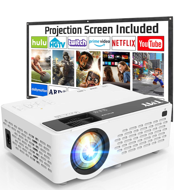 A movie projector and a projection screen sold by Amazon.