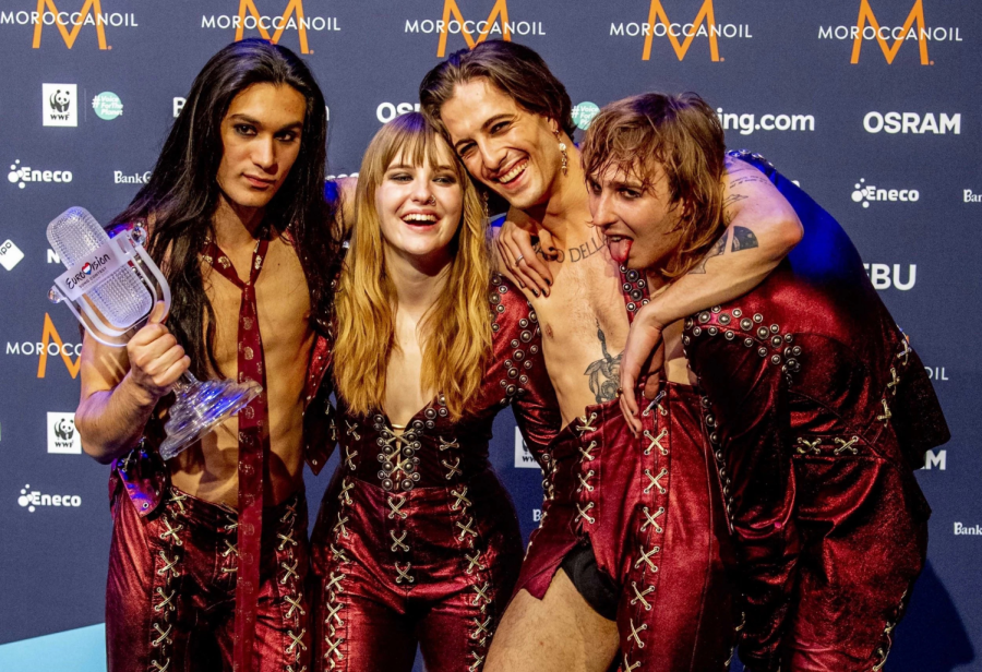 Maneskin band members, Ethan Torchio, Victoria de Angelis, Damiano David and Thomas Raggi, after they won the 2021 Eurovision Song Contest.