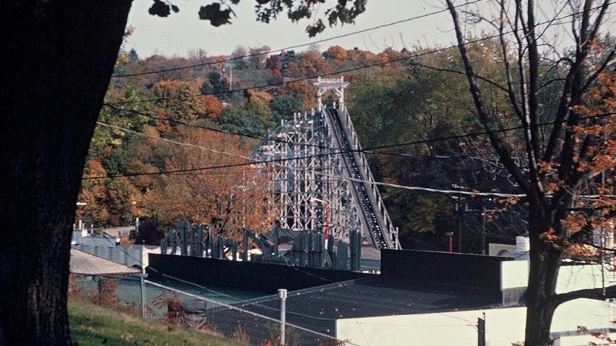 A photograph taken of the Dips roller coaster in the twilight years of West View Park