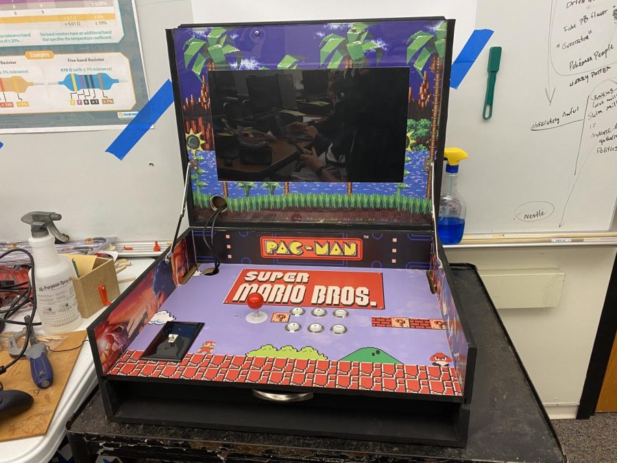 Students in Emerging Tech made a podium for Mr. Banks that houses his favorite video games.