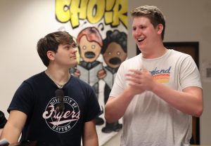 Logan Gobbel and Brendan White enjoy a passionate vocal practice on a Thursday night practice. 
