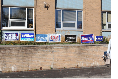 Campaign signs sit outside of the polls at Northmont Presbyterian Church.