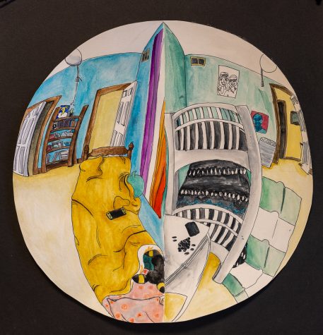 Senior Beck Thompson created a fisheye perspective of their bedroom, using watercolors to make the image pop.