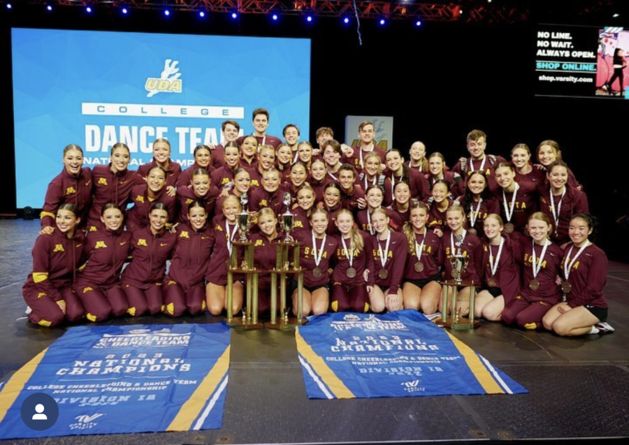 The+University+of+Minnesota+Dance+Team+celebrates+their+many+wins+at+the+UDA++Nationals.