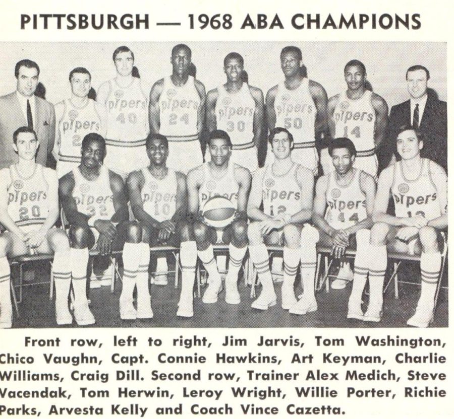 The+Pittsburgh+Pipers+lineup+upon+winning+the+ABA+inaugural+championship.