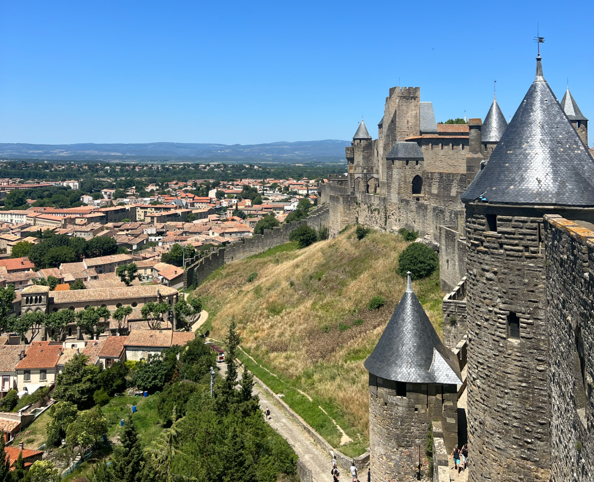 Sightseeing at Carcassonne, a medieval walled castle in the Occitanie region of France.