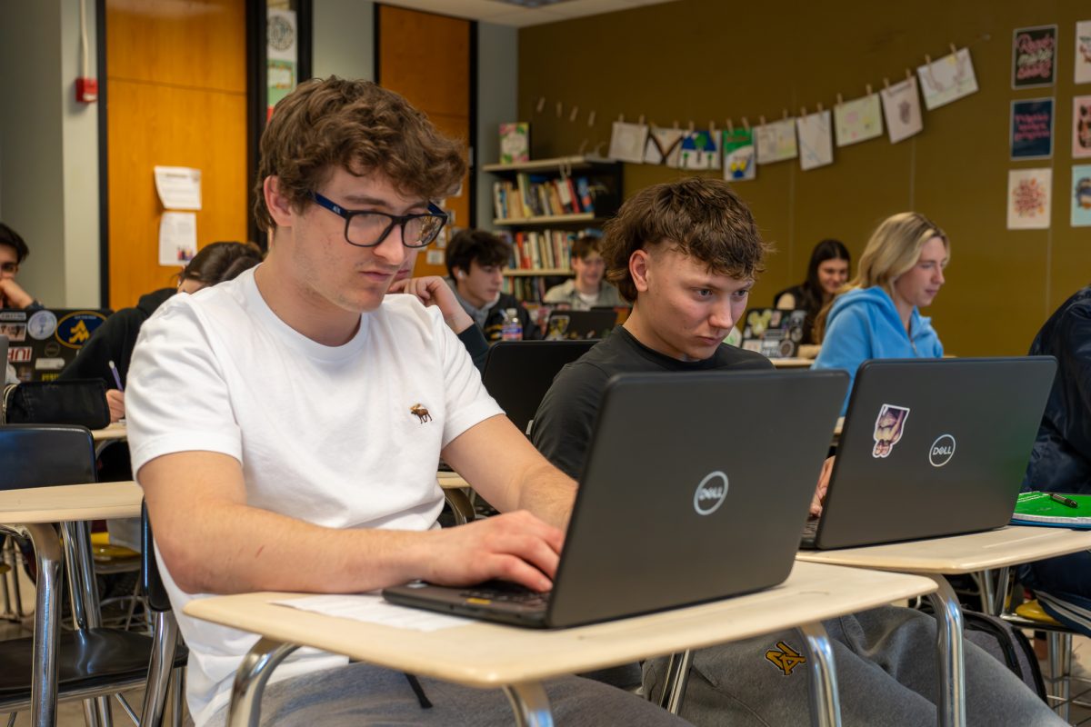 NASH juniors James Donaldson and Augie Maslo work on their college application essays during Mrs. Tallericos period 6 English class.
