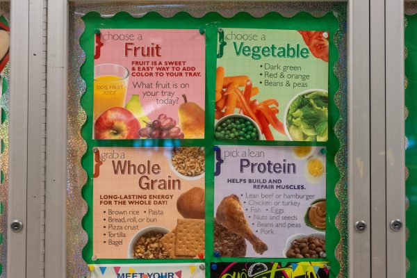 On the perimeter of the cafeteria, posters such as this detail nutritional guidelines for students.