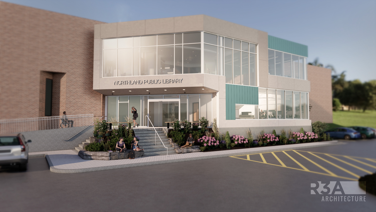 An architectural rendering of the renovated library, expected to be completed in the summer of 2025.