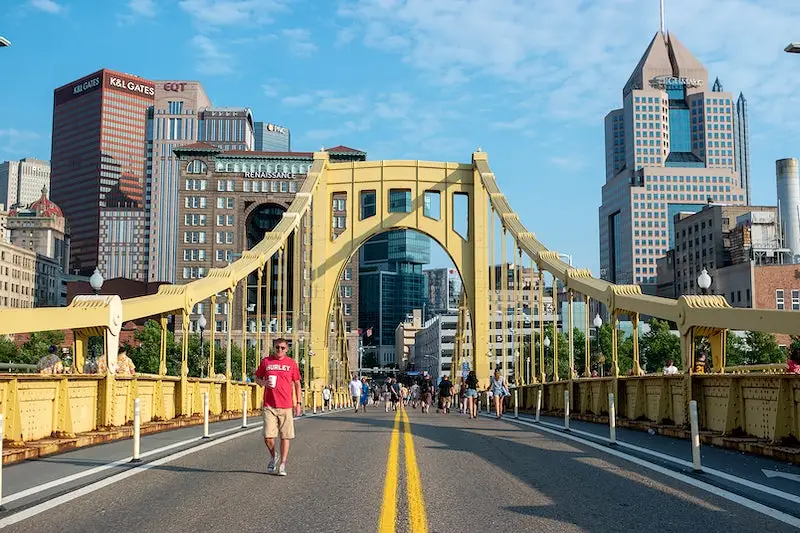 The Roberto Clemente Bridge in downtown Pittsburgh