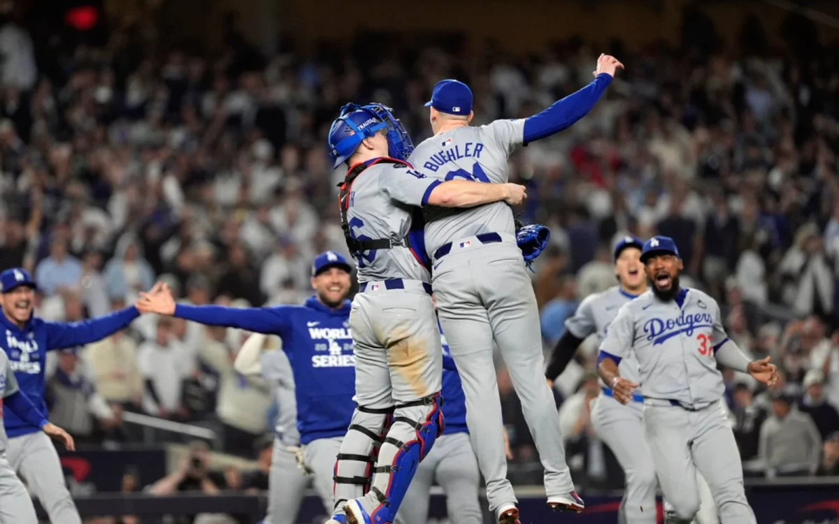 Dodgers players storming the mound following the final out of the 2024 World Series.