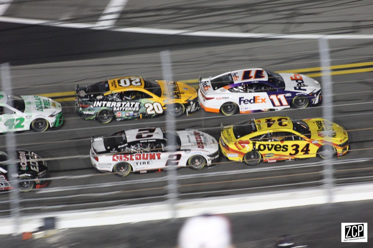 Michael McDowell and Denny Hamlin lead the field in the 2024 Daytona 500.

photo credit: Zach Catanzareti (via Wikimedia Commons)