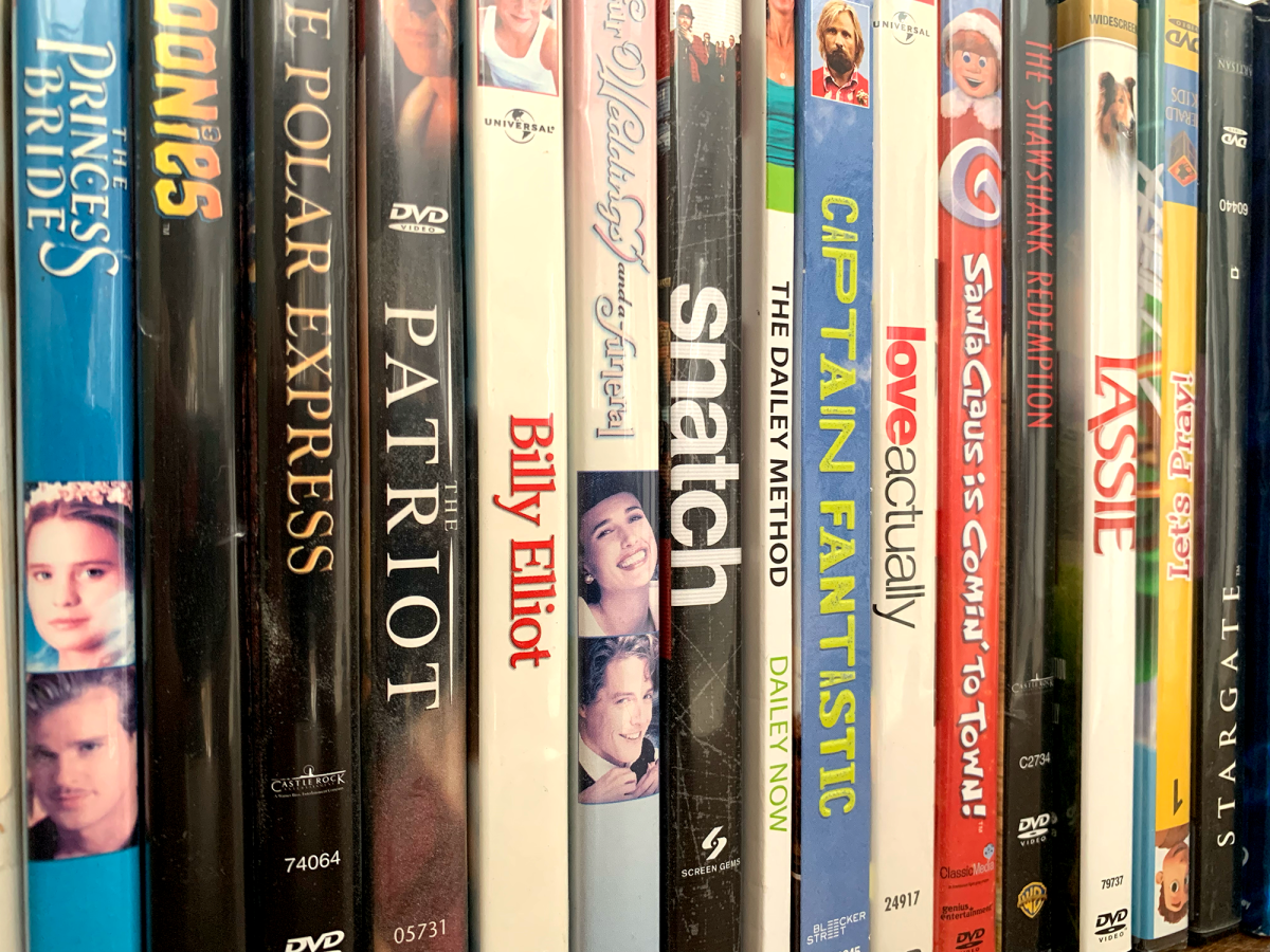 Digital video discs (DVDs) of The Patriot, The Goonies, The Princess Bride, The Shawshank Redemption, Love Actually, Billy Elliot, and other outstanding movies.