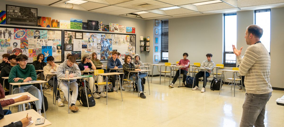 Mr. Pirring leads a discussion in Honors Introduction to Philsophy