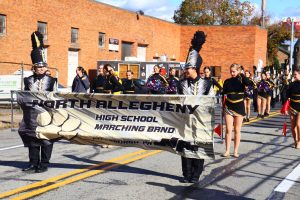 The North Allegheny Marching Band preparing to march at Pittsburgh's Veteran's Day Parade.