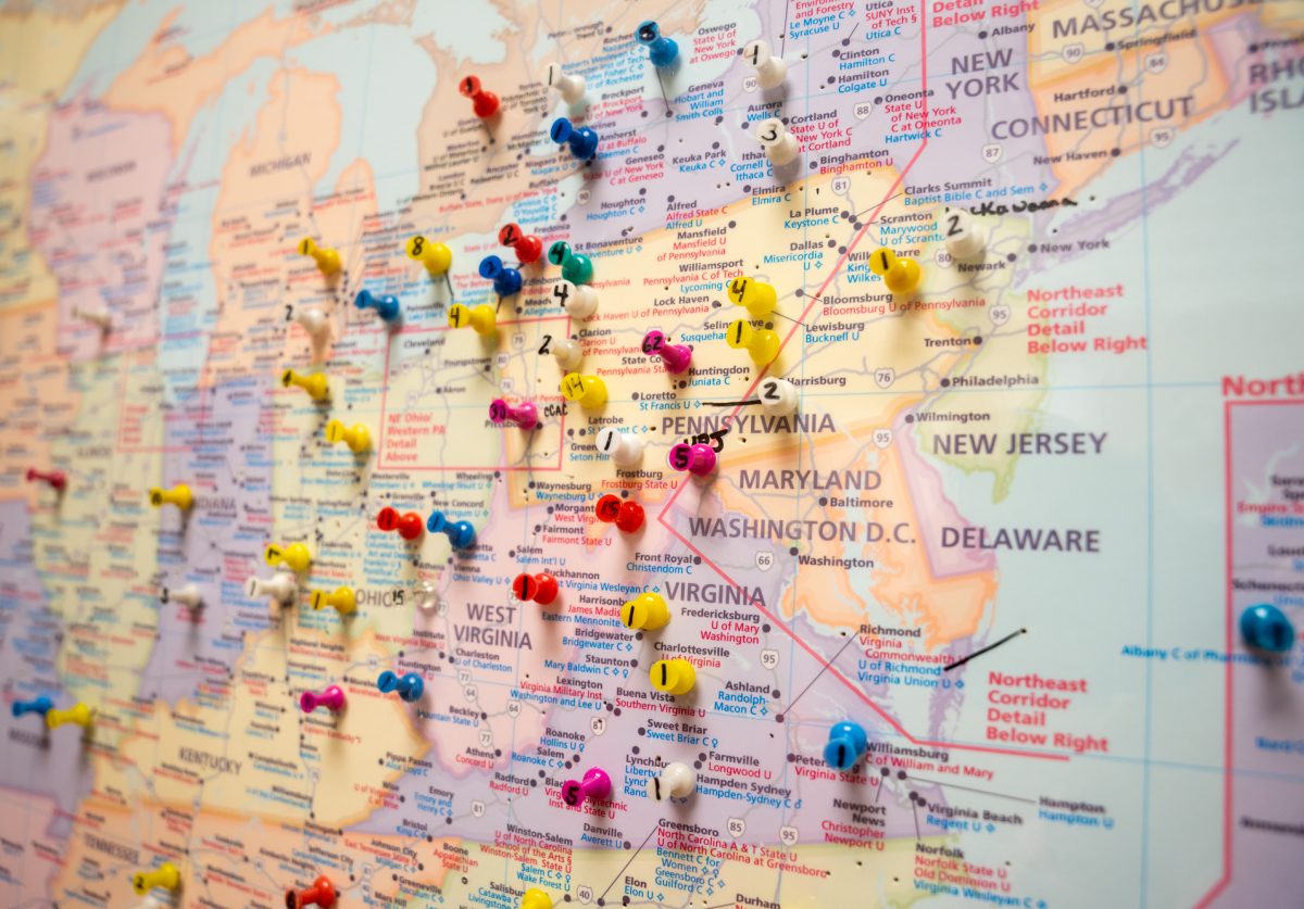 The college commitment map outside of the NASH Counseling Office.