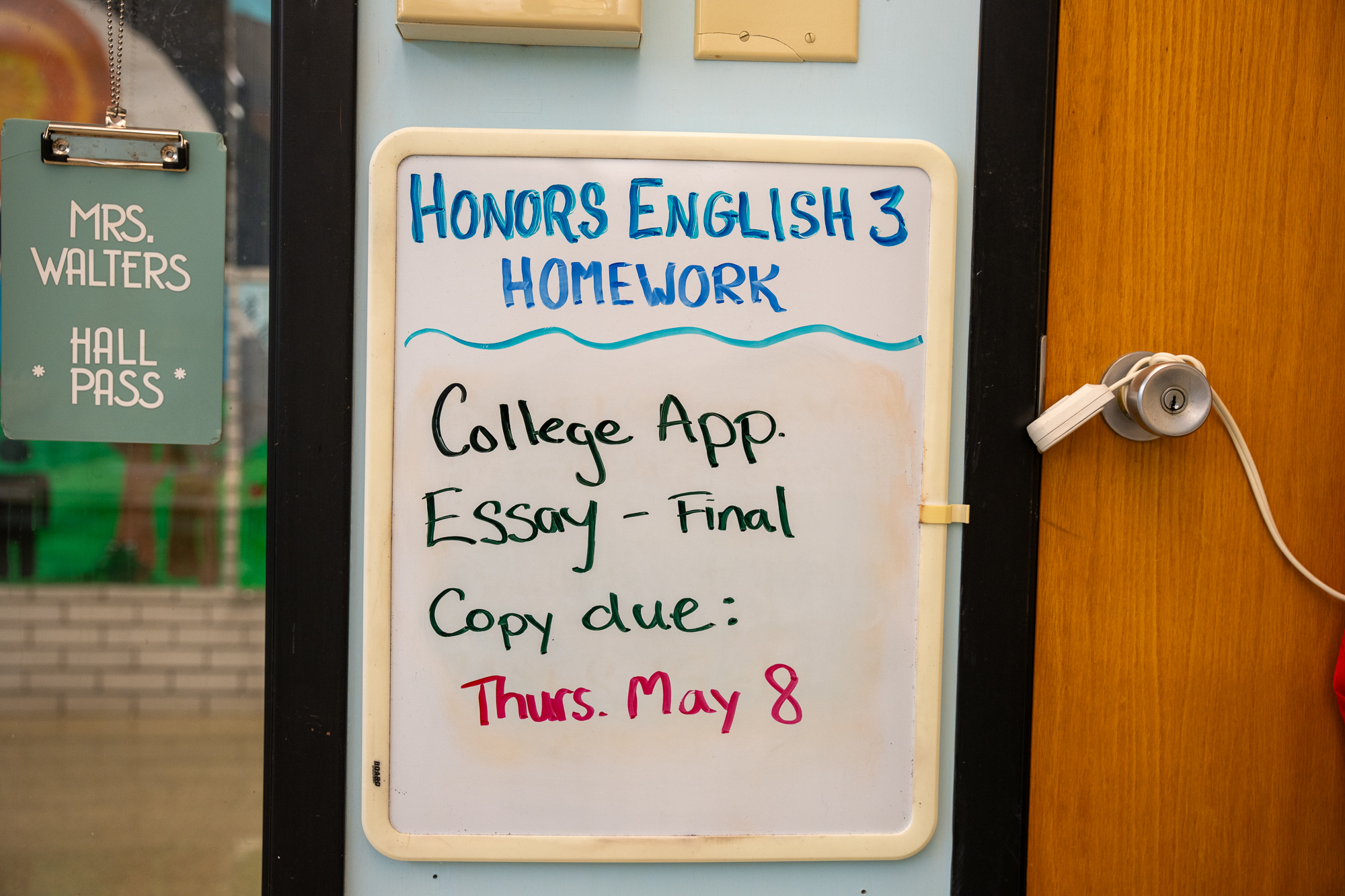 The assignment board in junior English teacher Mrs. Walters's room.