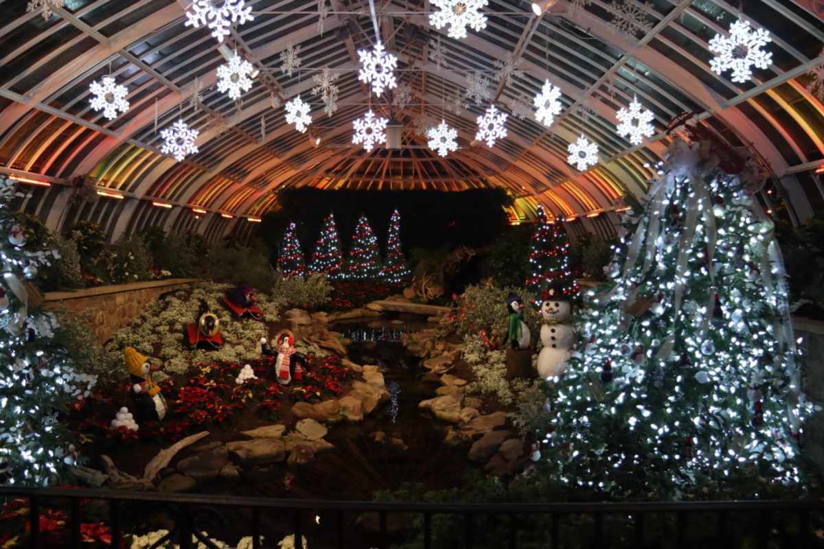 The East Room includes a small river, hanging snowflakes, and small penguin decorations.